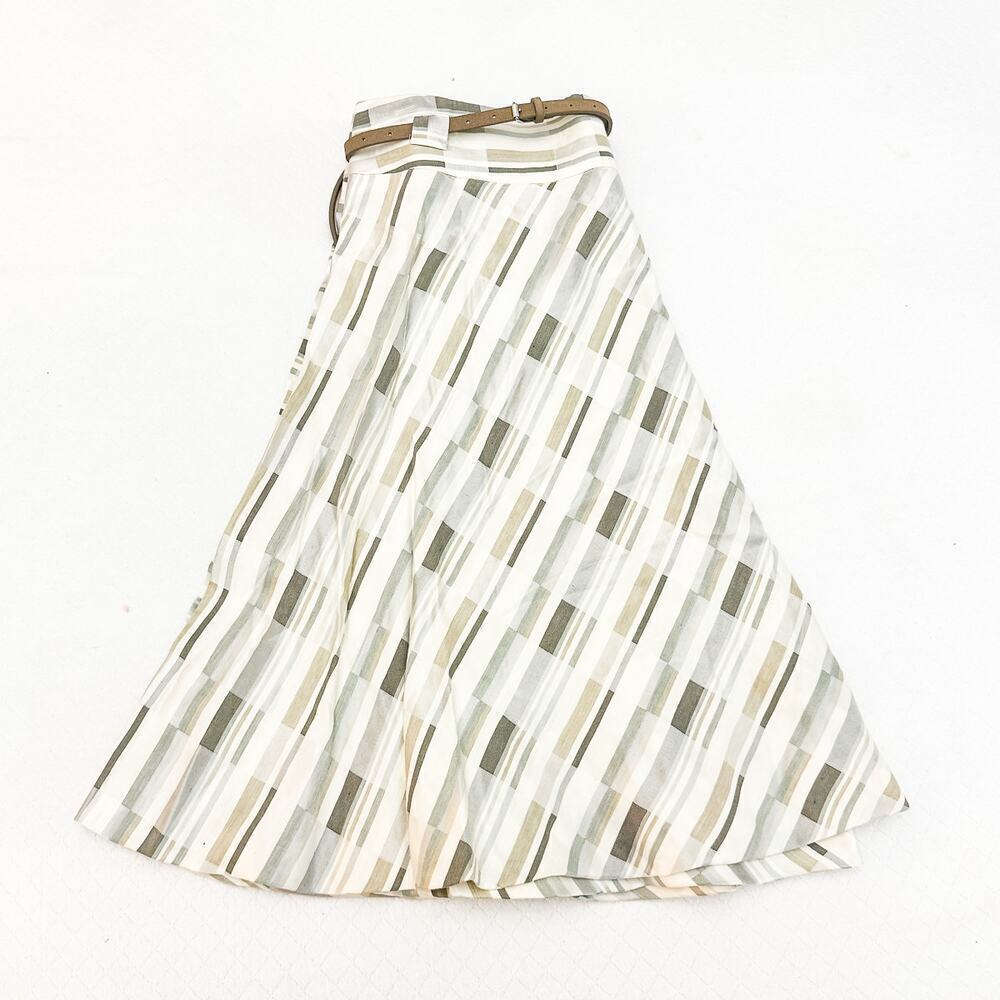 Akris Punto Plaid Geometric Linen A Line Skirt Belted Size 12